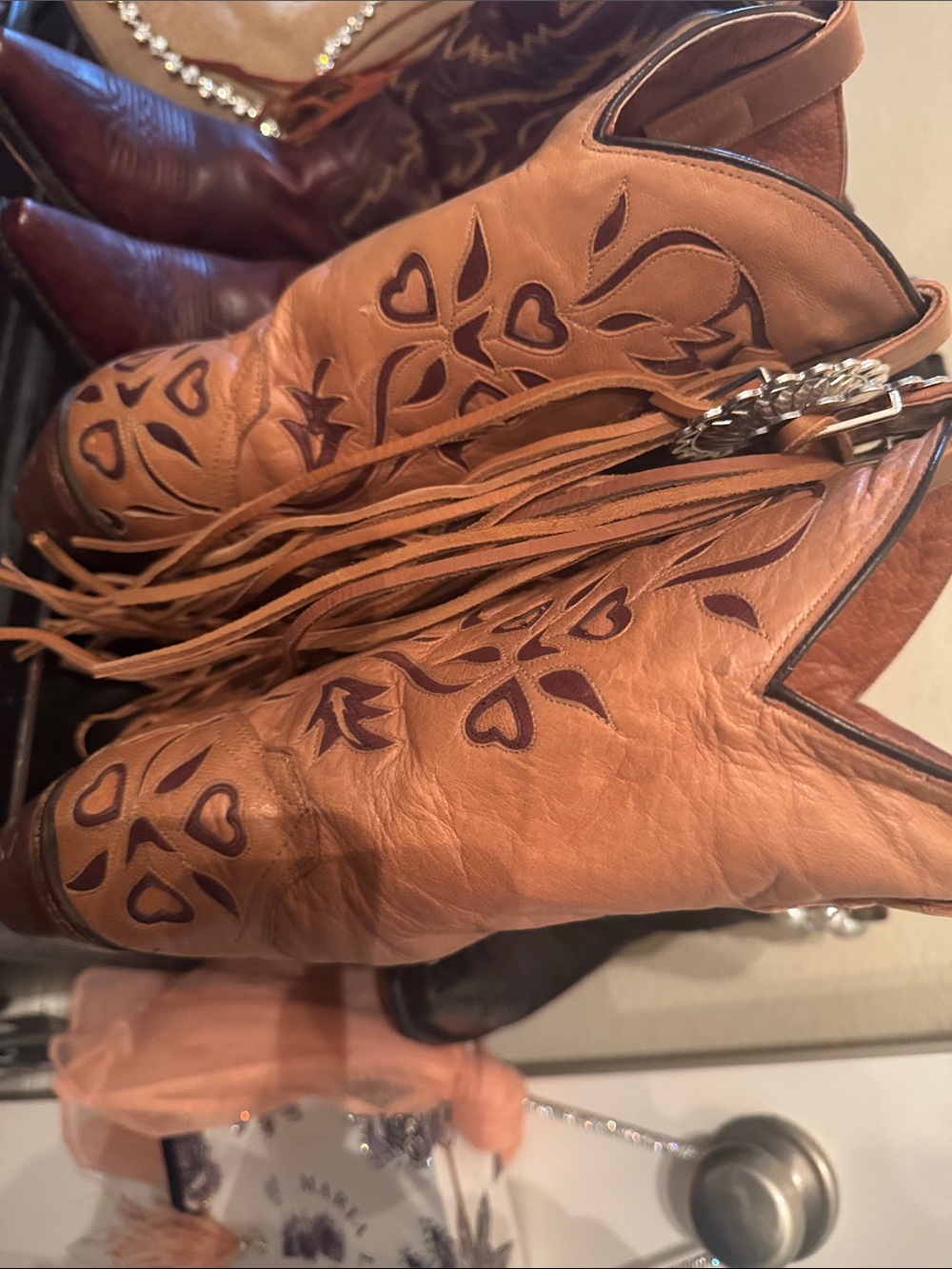 Dan Post Tan Leather Fringe Heeled Cowboy Boots - Picture 4 of 5